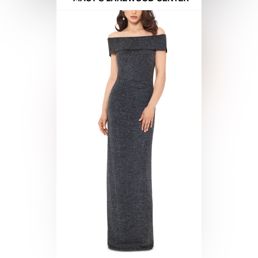 Xscape off-the-shoulder metallic gown in black/gunmetal size 10. - Picture 1 of 11